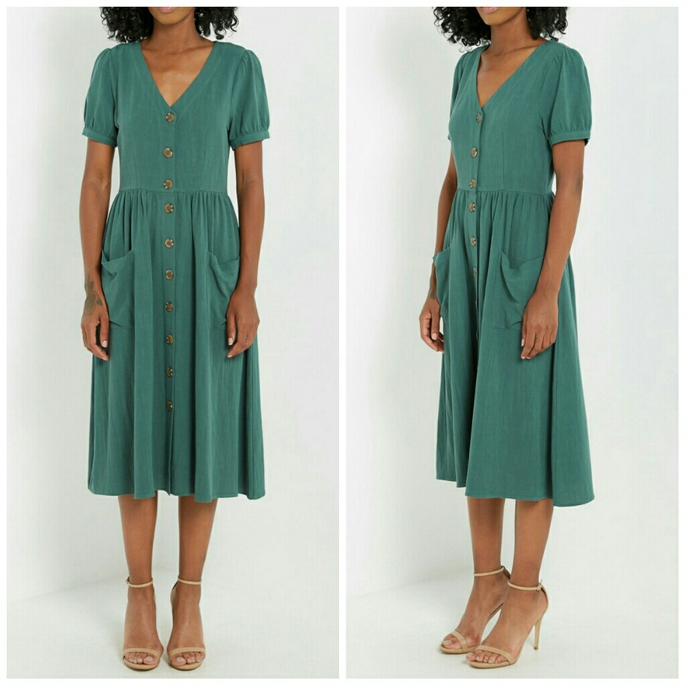 🆕Olive Green Button Midi Dress